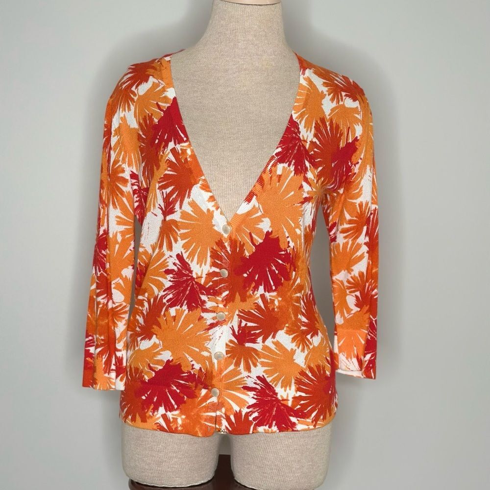 Lafayette 148 Women's Tropical Print Sweater Cardigan Pearl Buttons Size Medium